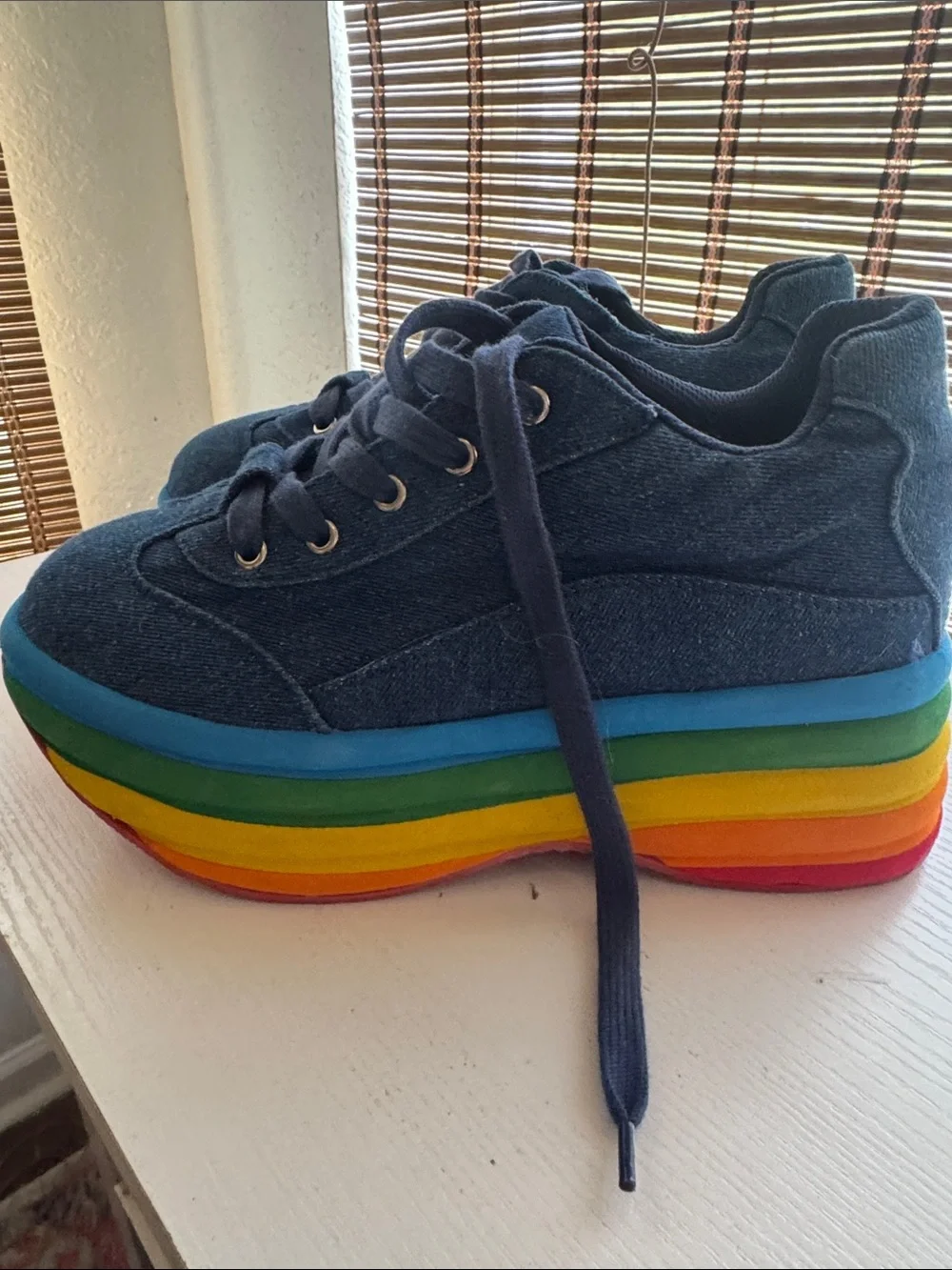 Jeffrey Campbell Navy Denim Platform Sneakers with Rainbow Layered Sole